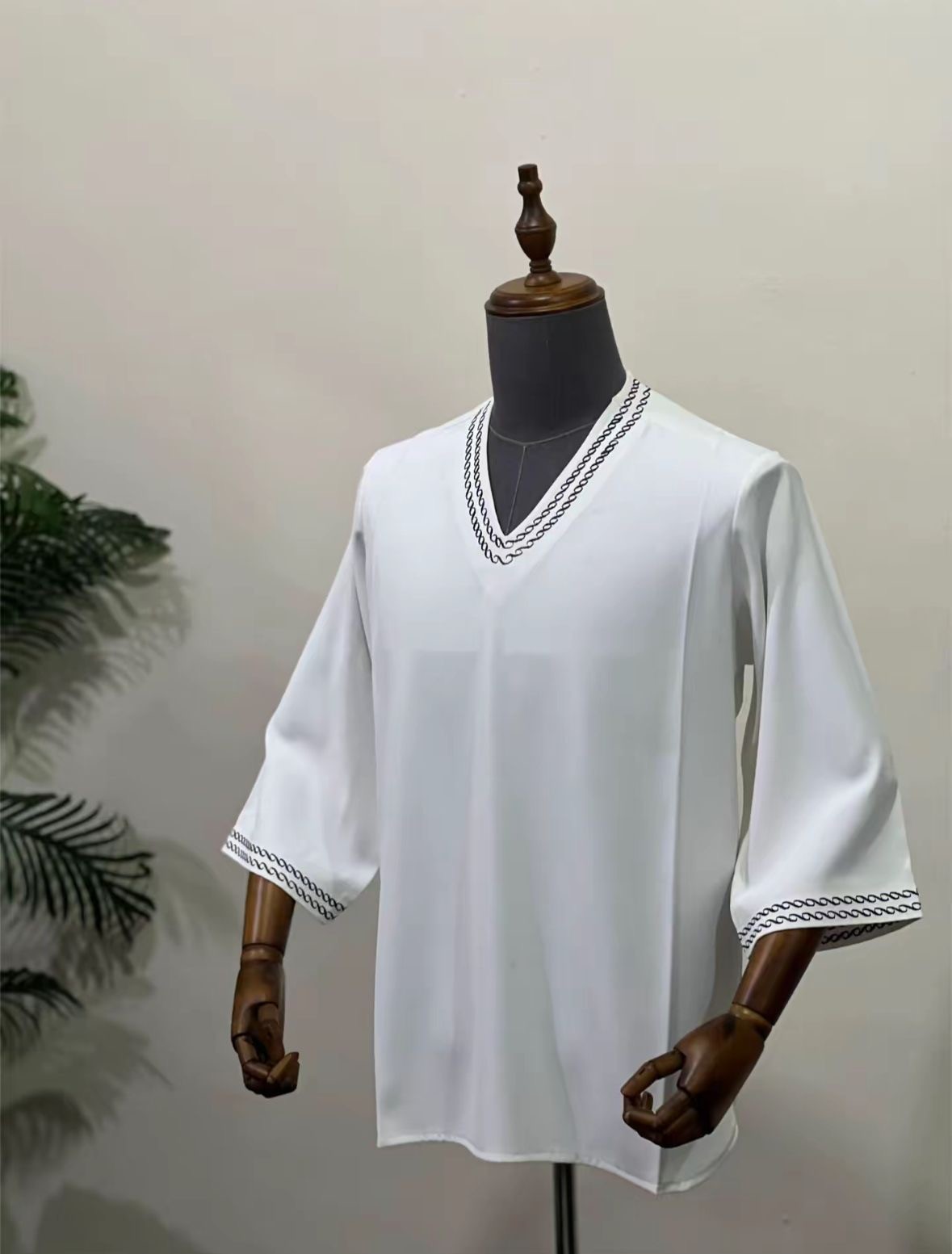 White V-Neck Native with Black Embroidery