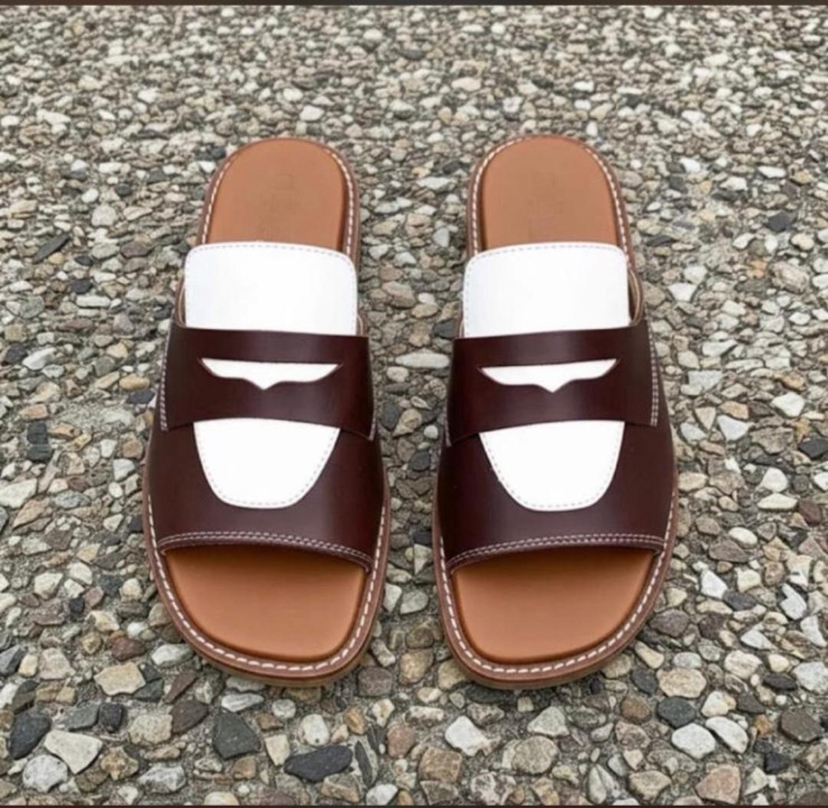 Men’s Brown and White Leather Slippers